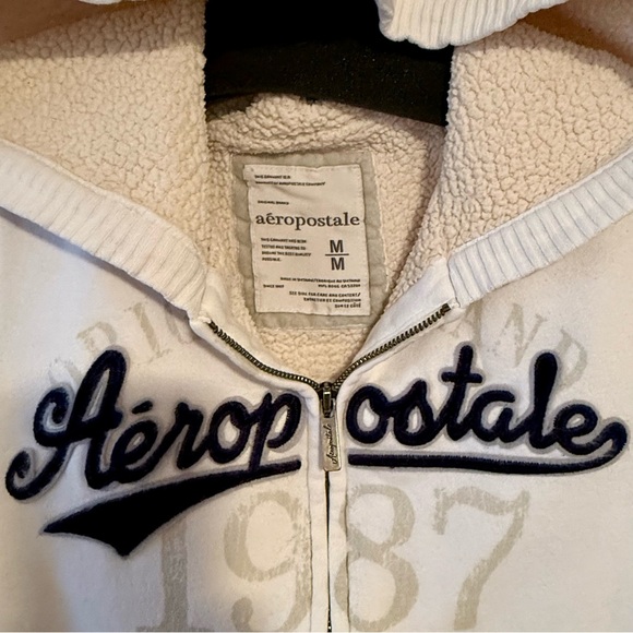 Aeropostale White Hoodie Blue Logo Full Zip Faux Lined Size Medium - Picture 4 of 15